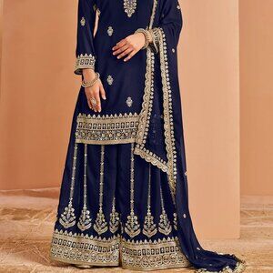 Regal Charm Navy Blue Pakistani Zari Embroidered Faux Georgette Festive Palazzo